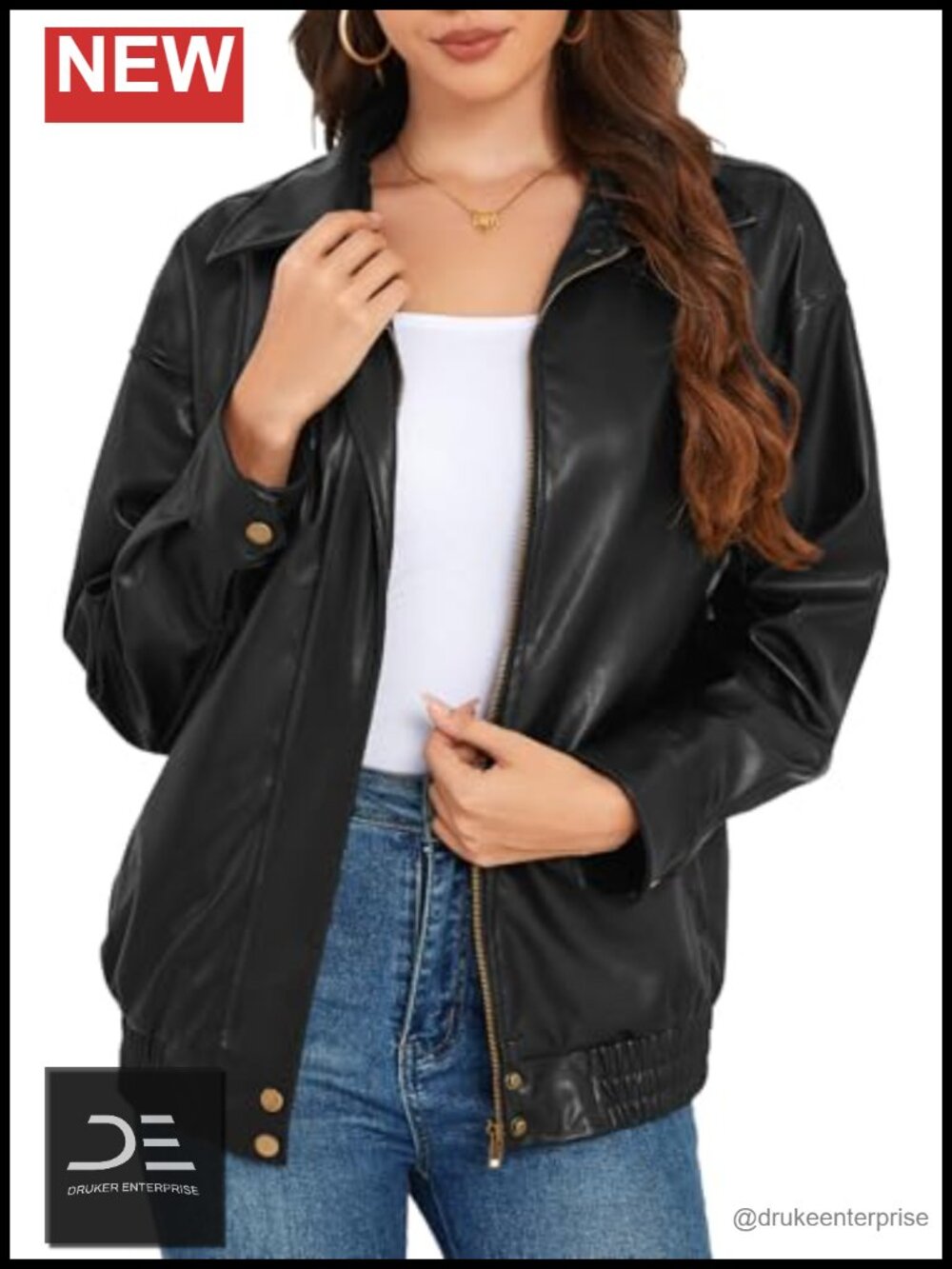 Faux Leather Oversized Zip Up Moto Jacket Women's